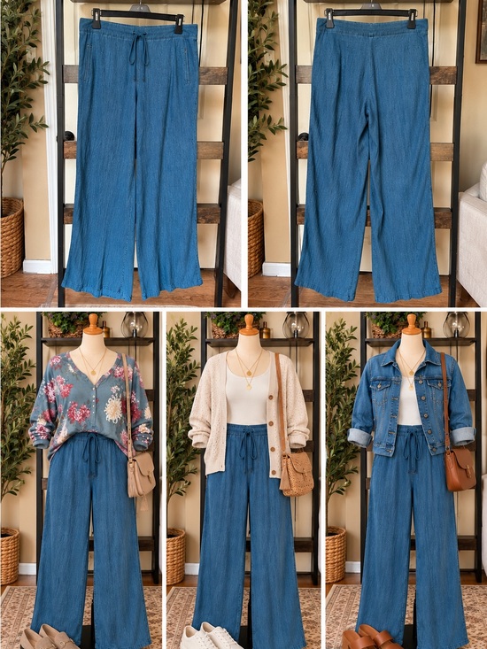 Ellen Tracy Pants - Ellen Tracy Linen Blend Wide-Leg Drawstring Pants in Denim Blue